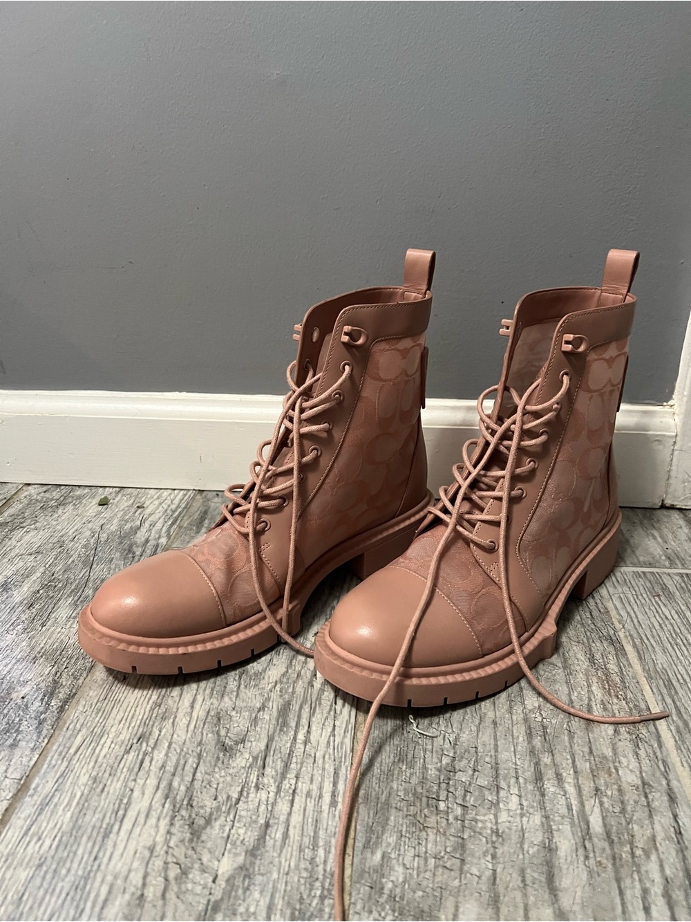 Coach Women's Blush Pink Lace-Up Combat Boots